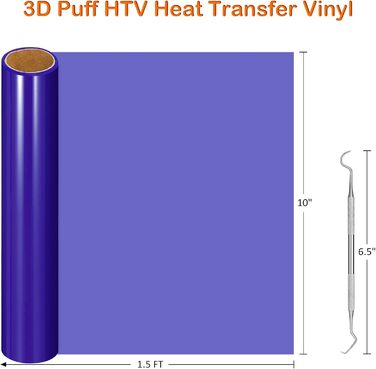 Вініловий рулон з термопередачею JuneHeart Puff, рулон HTV для різальної машини, легко різати, сублімаційний вініловий рулон, 25,4 см x 1,5 м, синій синій 10 x 5 футів