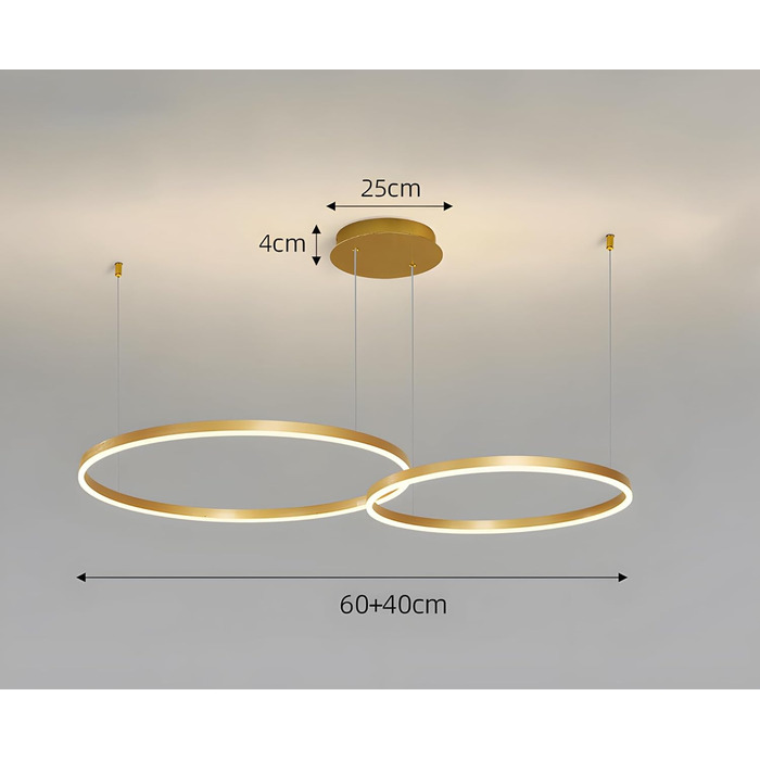 Металева світлодіодна люстра WayLuoung 3 кола 204060см Стельовий підвісний світильник з кільцями 45 Вт, пульт дистанційного керування з регулюванням яскравості 3000-6000K, підвісний світильник з акриловим абажуром, вітальня, спальня, фойє, їдальня (золоти
