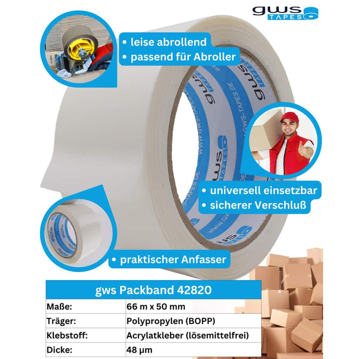 Стрічка для посилок GWS Малошумна універсальна клейка стрічка для пакування пакетів Висока адгезійна міцність, професійна якість 66 м довжина 50 мм ширина (білий, 288)