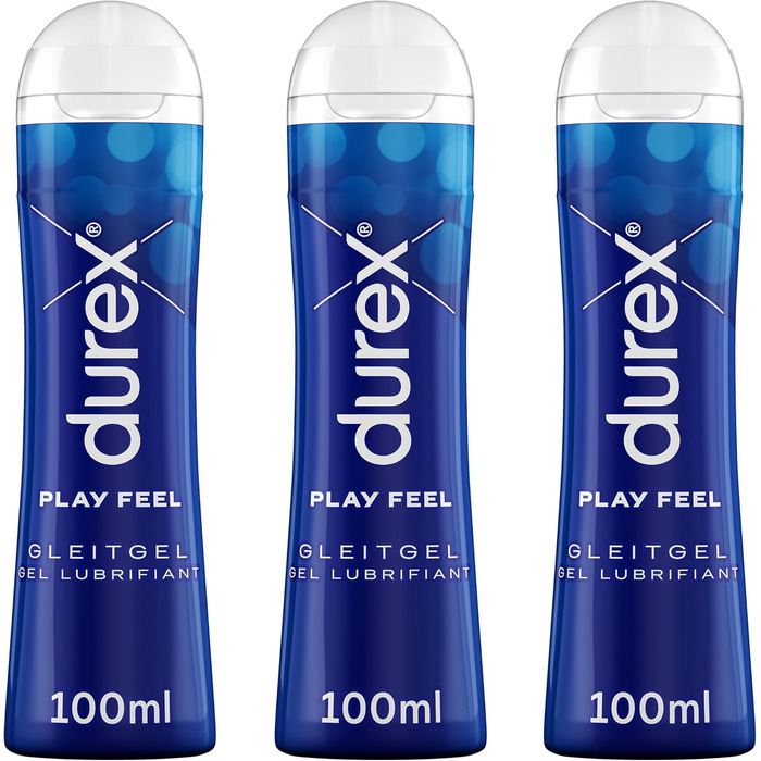 Лубрикант Durex Play Feel Можна мити, не жирний і не залишає плям На водній основі, легка та шовковиста текстура, дерматологічно протестована, сприятлива для pH Зручна пляшка для дозування 3 x 100 мл