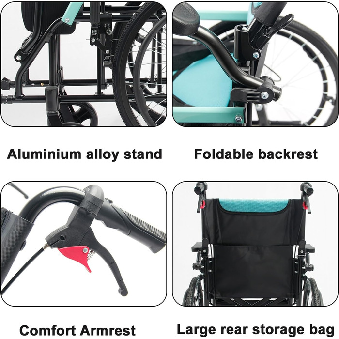 Портативна алюмінієва інвалідна коляска Sunyongfly Всюдихідна складна інвалідна коляска для дорослих підходить для інвалідів, людей похилого віку та людей з обмеженою рухливістю (62X93X91 см (24,4X36,6X35,8 дюйма))