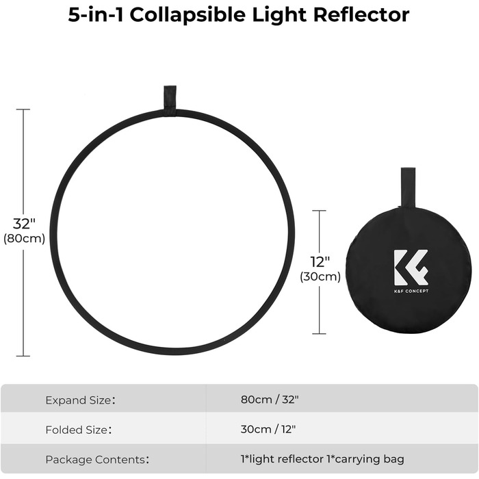 В-1 рефлекторний фотокомплект, складаний відбивач з сумкою для зберігання (80 см), напівпрозорий, сріблястий, золотий, білий і чорний круглі відбивачі для фотозйомки, зовнішнє освітлення 80см, 5-