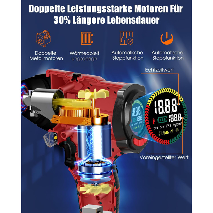 Повітряний компресор AUTDER, портативний електричний повітряний насос 180PSI Max, акумулятор 21 В 2000 мАг, автомобільний блок живлення 12 В, компресор з автостопом для автомобільного мотоцикла, червоний