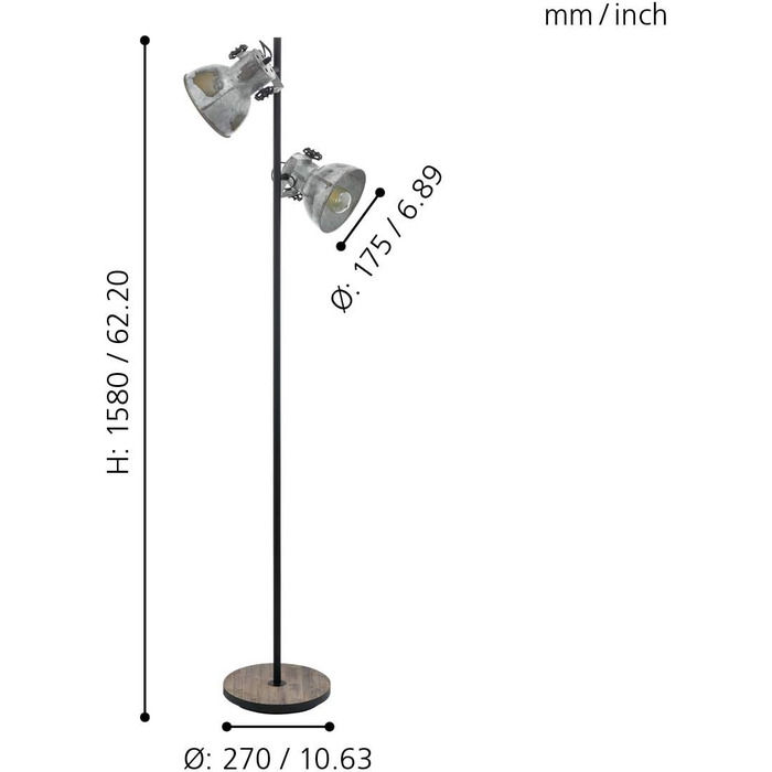 Торшер EGLO Barnstaple, 2-полум'яний вінтажний торшер у промисловому дизайні, ретро торшер зі сталі в оцинкованому вигляді, дерево, вигляд іржі, чорний, E27цоколь, з ступінчастим перемикачем