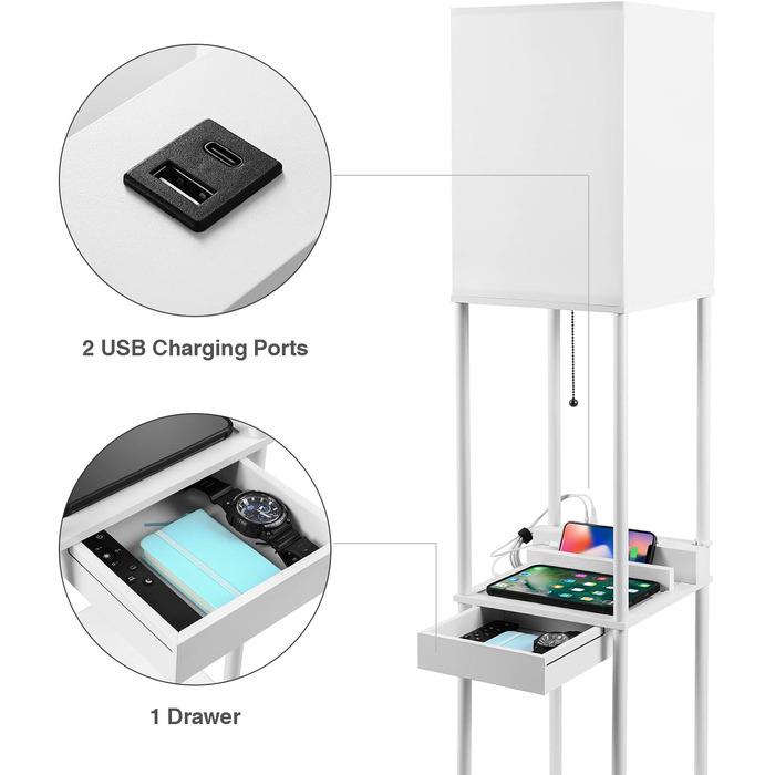 Сучасний торшер BBHome з дерев'яною та металевою полицею, 3 колірними температурами, 2 портами для зарядки USB та 1 висувним ящиком, світлодіодний торшер із регулюванням яскравості для вітальні, спальні, білий (з лампочкою)