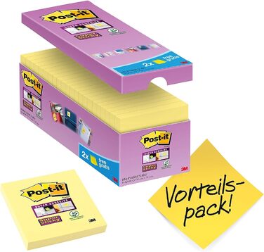 Стікери Super Sticky Notes, упаковка з 24 блокнотів, по 90 аркушів на блокнот, 76 мм x 76 мм, кольори зелений, рожевий, синій, помаранчевий - надзвичайно міцні наліпки для нотаток, списків справ і нагадувань (канарково-жовтий, стандартний, одинарний)