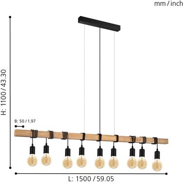 Торшер EGLO Townshend, вінтажний світильник на 2 полум'я з дерев'яним променем, ретро торшер з металу чорного кольору та дерева на природі, цоколь E27 (підвісний світильник 9 полум'я, не сертифікований FSC)