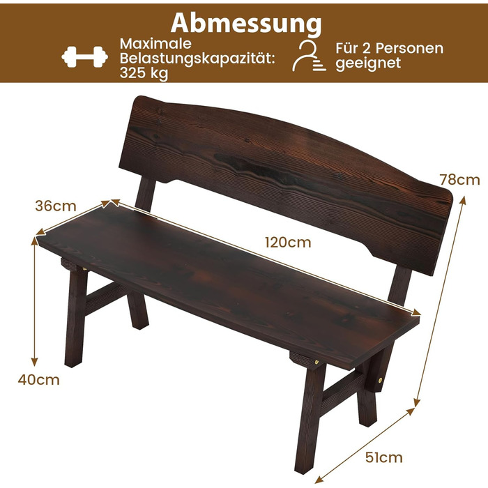 Садова лавка COSTWAY атмосферостійка, лавка зі спинкою, дерев'яна лавка для 2-х місного до 325 кг з навантаженням, дерев'яна лавка для тераси, паркова лавка для саду, балкон, тераса, 120 x 51 x 78 см