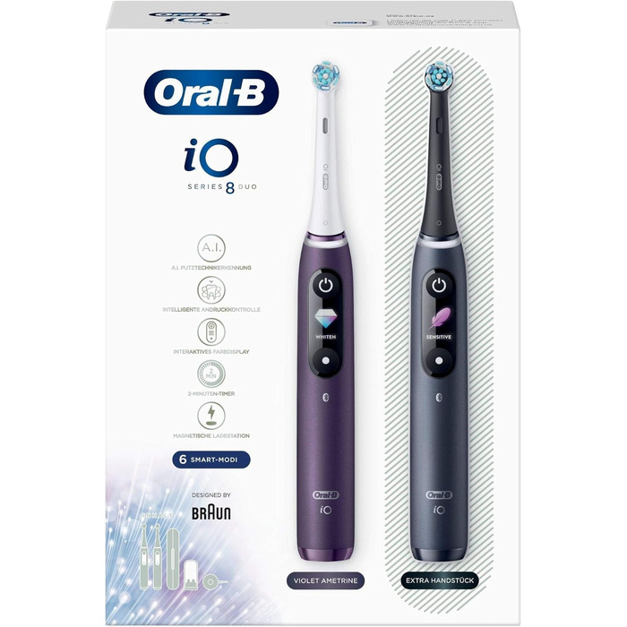 Електрична зубна щітка Oral-B iO 8 Double Pack з революційною магнітною технологією та мікровібраціями, 6 програмами чищення, кольоровим дисплеєм та дорожнім кейсом, чорний онікс/фіолетовий аметрін