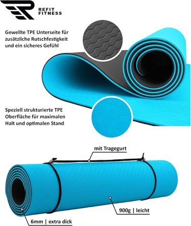 Килимок для йоги 190 x 60 x 0,6 см GeckoGrip & Sensi-Plus TPE не ковзає Нетоксичний ремінь для перенесення - Спортивний килимок для гімнастики Спорт - Виберіть свій колір зараз (світло-блакитний антрацит, килимок для йоги)