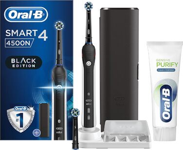 Акумуляторна електрична зубна щітка Oral-B Smart 4 4500 CrossAction, чорна, 3 режими щітки, 2 насадки для щітки, дорожній кейс преміум класу зубна паста Oral-B Gum Purify Глибоке очищення