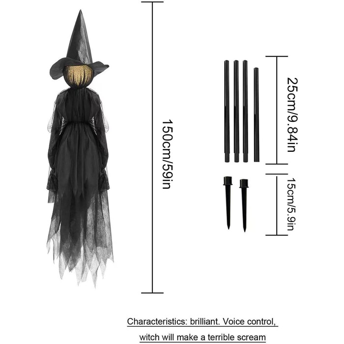 Прикраса на Хелловін на відкритому повітрі - Крик відьми зі звуковими датчиками, водонепроникна великомасштабна прикраса відьми на Хелловін для ганку на відкритому повітрі на галявині з датчиком руху, 1 шт. 1 шт.