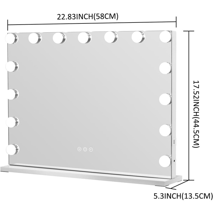Голлівудське дзеркало з підсвічуванням, Велике дзеркало для макіяжу з 15 лампочками з можливістю регулювання яскравості, Інтелектуальне дзеркало для макіяжу з сенсорним управлінням, Дзеркало для макіяжу з підсвічуванням для спальні, вбиральні Алюміній біл