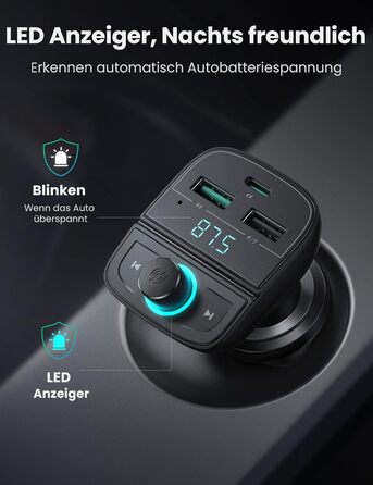 Адаптер автомобільного радіо UGREEN Bluetooth FM-передавач, автомобільний зарядний пристрій USB C потужністю 20 Вт PD і адаптер живлення QC з гучним зв'язком, бездротовий музичний плеєр Bluetooth 5.0 підтримує USB-флеш-накопичувач і TF-карту