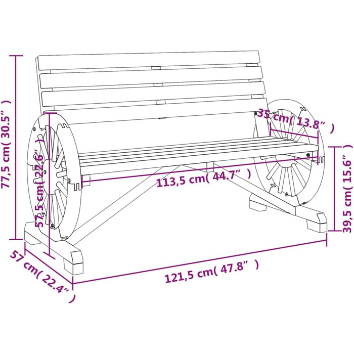 Садова лавка 2-місна, Лавка з дизайном коліс вагона, Дерев'яна лавка зі спинкою, Паркова лавка Садові меблі, Сільський стиль, Ялиця з масиву дерева Темно-коричневий