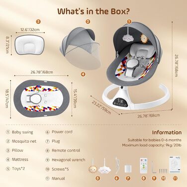 Дитячі гойдалки електричні для дітей до 9 кг,електричні дитячі гойдалки зі смартфоном, акумулятором або підключенням до електромережі,12 мелодій,з 5-точковим ременем безпеки, 0-12місяців