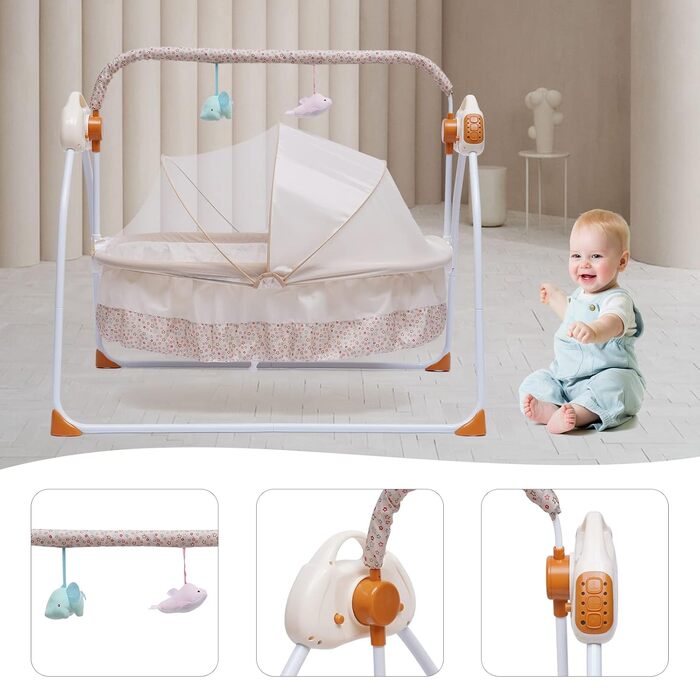 Електрична дитяча колиска Baby Swing, автоматичне дитяче ліжко з дитячими гойдалками, крісло-гойдалка з функцією відтворення музики mp3, електрична дитяча колиска для немовлят від 0 до 18 місяців (хакі)