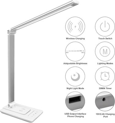 Світлодіодна настільна лампа з бездротовою зарядкою 10 Вт, USB-порт для заряджання, настільна лампа з 5 рівнями яскравості, 5 рівнями кольору, захист очей, чутливе керування затемненням, 30-хвилинна офісна лампа з автотаймером