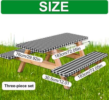 Чохол для столу для пікніка з чохлами для лавок 3 шт. /комплект Чохол для столу для пікніка 6 футів водонепроникна скатертина для кемпінгу з еластичною фланелевою спинкоюЧорна/біла пледа Основи для пікніка