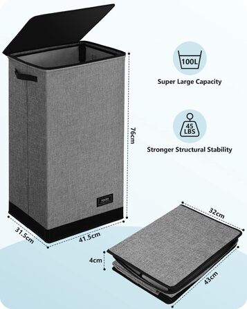 Кошик для білизни SOLEDI XXXL 2 x 72,5 л для білизни з кришкою та 2 мішками для білизни чорний