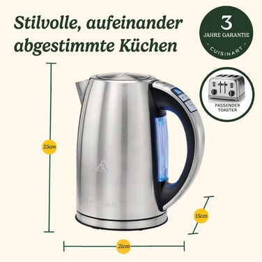 Чайник Cuisinart Multi-Temp Швидке кип'ятіння, 3 кВт Бездротовий зв'язок Оздоблення з нержавіючої сталі Ємність 1,7 л Регульована температура Знімний фільтр проти накипу, який можна мити Срібло Variable Temp 1,5 л Срібло