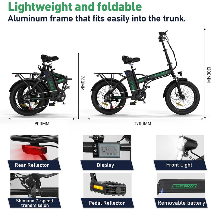 Електричний велосипед E-bike складний велосипед, акумулятор 36V 12Ah/48V 15Ah, максимальний запас ходу до 35-90км/45-100км, позашляховий гірський велосипед з 7 передачами, міський електронний велосипед чорно-зелені шини 36V 12AH/3,0, 20'*3,0/20'*4,0 Fat T