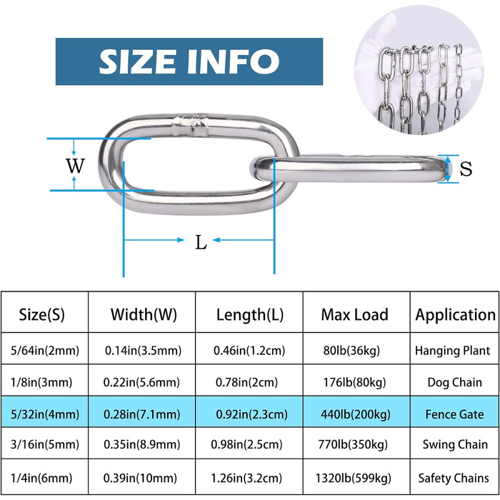 Подовжувач ланцюга Hannger з нержавіючої сталі - 5 м 3 мм Металеві підвісні котушки безпеки Міцний ланцюг до 80 кг Завантажуваний для тіньових вітрил Прикраса огорожі Намисто для собак Орнамент ліхтаря Повітряна йога (0,6 метра 2 шт. и, Ø 4мм)
