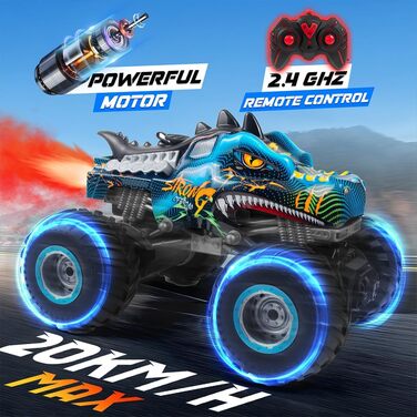 Динозавр на дистанційному управлінні 116 Масштаб RC Monster Truck з дистанційним керуванням з розпилювачем туману Музичні світлодіодні ліхтарі, 2.4 ГГц 20 км/год RC Автомобільна іграшка для дітей від 3 4 5 6 8 10 років