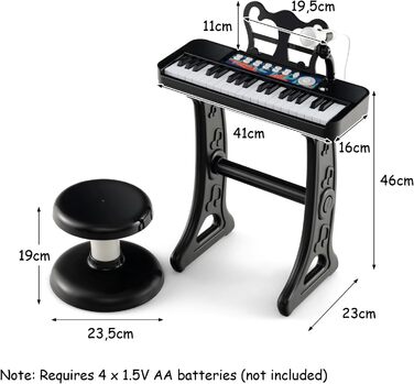Набір дитячих клавішних інструментів KOMFOTTEU 37 клавіш, дитяче піаніно зі світловими ефектами та мікрофоном, електронне піаніно в комплекті зі стільчиком, дитяча клавіатура 22 удари / 4 тони / 4 ритми (чорного кольору)