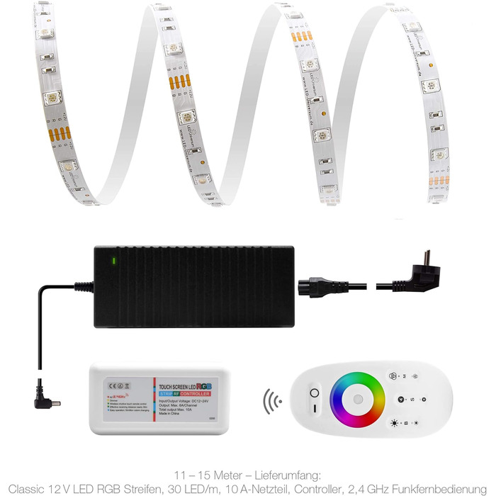 Класична світлодіодна стрічка 12 В IP20 RGB 30 LED/m 5050 2.4 ГГц бездротовий комплект і блок живлення 14 м