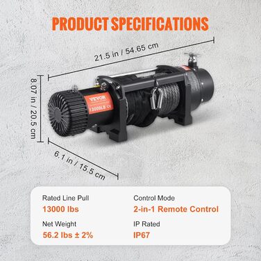 Електрична лебідка VEVOR 12 В 13000 фунтів/5897 кг Лебідка з позашляховим двигуном Канатний підйомник Електрична лебідка 12-жильна нейлонова мотузка з контролером 2-в-1 Чорний Підходить для великих позашляховиків середнього розміру, вантажівок і навіть ях
