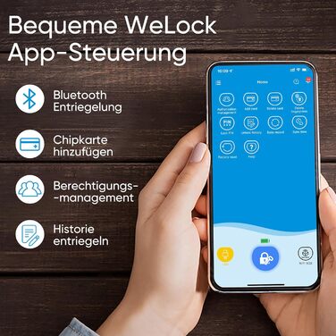 Дверний замок WELOCK Touch41 з відбитками пальців, передні двері з відбитками пальців, передні двері з додатком і RFID-карткою, електронний дверний замок, регульована довжина для дверей 50-100 мм