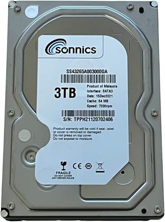 Жорсткий диск Sonnics SATA, 8,9 см (3,5 дюйма), 7 200 об/хв, настільний ПК/система відеоспостереження, жорсткий диск, камера відеоспостереження, відеореєстратор (3 ТБ)