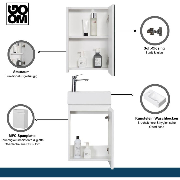 Набір гостьових туалетів GOOM 40 см Меблі для ванної кімнати Попередньо зібраний невеликий умивальник з нижньою тумбою (умивальник дзеркальна шафа, глянцевий білий)