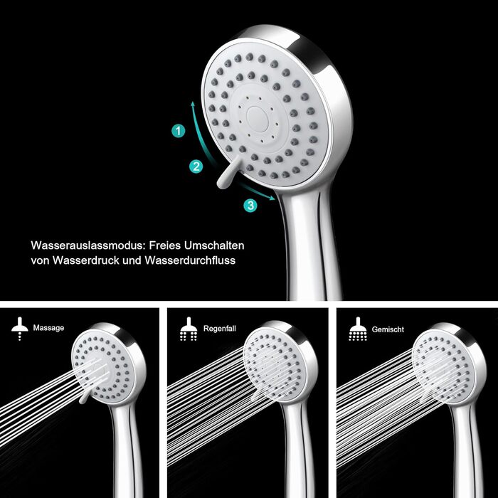 Душова лійка Ручна душова лійка 3 режими розпилення Високий напір зі шлангом 1,5 м Водозберігаюча душова лійка Ручна душова лійка з душовим шлангом і тефлоновою стрічкою хром 3