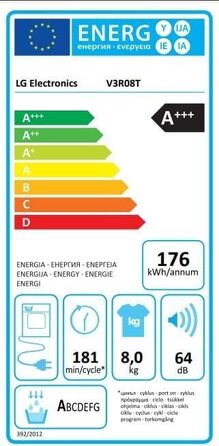 Сушарка класу LG Electronics 61 x 60 x 85 см до 8 кг з тепловим насосом з програмою гігієни барабан з нержавіючої сталі, Білий