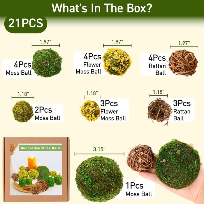 Набір куль із справжнього висушеного моху, 2 - Декоративні кульки зі 100 натурального моху для мисок, центральної частини, ротангових куль, квіткових кульок, наповнювачів для ваз для дому, саду, весілля