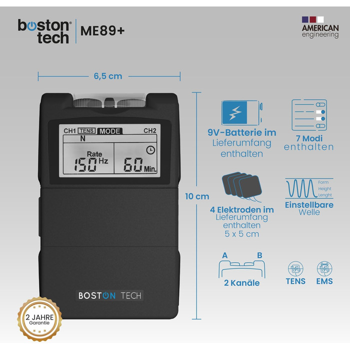 Цифровий електростимулятор м'язів Boston Tech ME-89Plus. 2-х канальний TENS EMS. 7 програмованих режимів. Містить 4 електроди. Швидке та ефективне полегшення болю. Захист від падіння