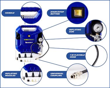 Портативний повітряний компресор Michelin MB1, безмасляний повітряний компресор зі шлангом 1 м, компресор шин з манометром і 6 перехідниками клапанів, максимальний тиск 8 бар, потужність 1,5 к.с.