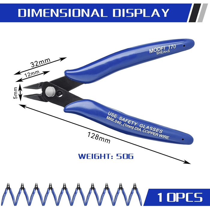 Бокорізи малі, 128 мм кусачки для електроніки, кусачки для дроту під кутом, міні-кусачки, міні-кусачки для виготовлення моделей, тонких проводів, електроніки, кабельних стяжок (сині), 10 шт.