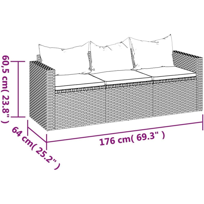 Садовий диван 3-місний, Диван з 3 подушками для сидіння, 3 задні подушки, Відкритий диван, Розслаблюючий диван тримісний, сірий полі ротанг