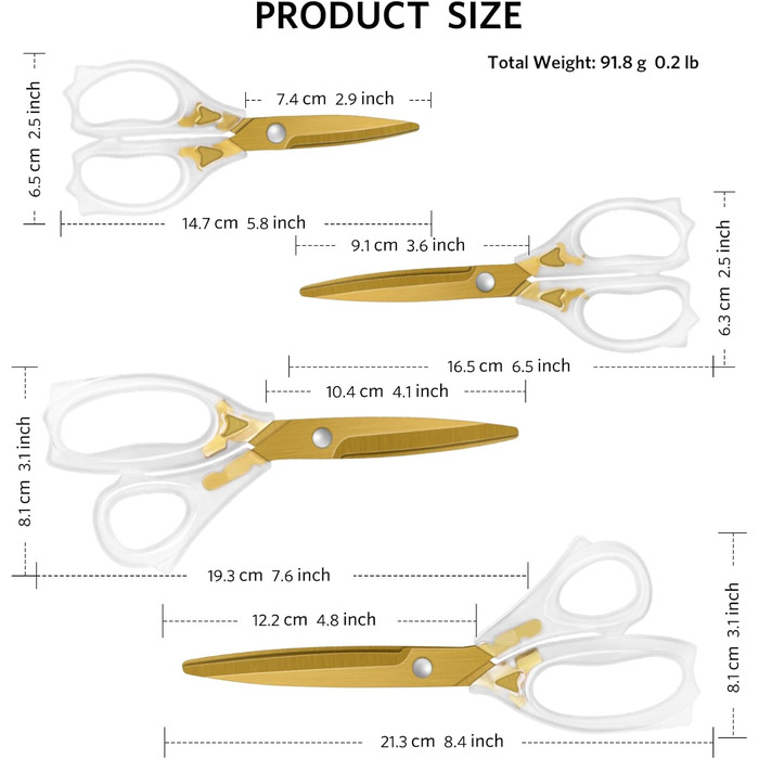 Акрилові ножиці Uaugulft Гострі титанові леза з ергономічною ручкою ABS Багатоцільові ножиці Набір з 4 Підходить для шиття та домашнього господарства Чистий і золотий тон
