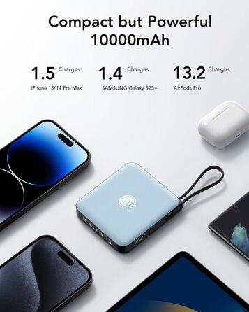 З кабелем 10000mAh Маленький USB C Power Bank Швидка зарядка 22.5W Міні портативний зарядний пристрій Зовнішній акумулятор Невеликий, але потужний акумуляторний блок Світлодіодний дисплей Сумісний з iPhone Huawei Samsung і т.д. Синій