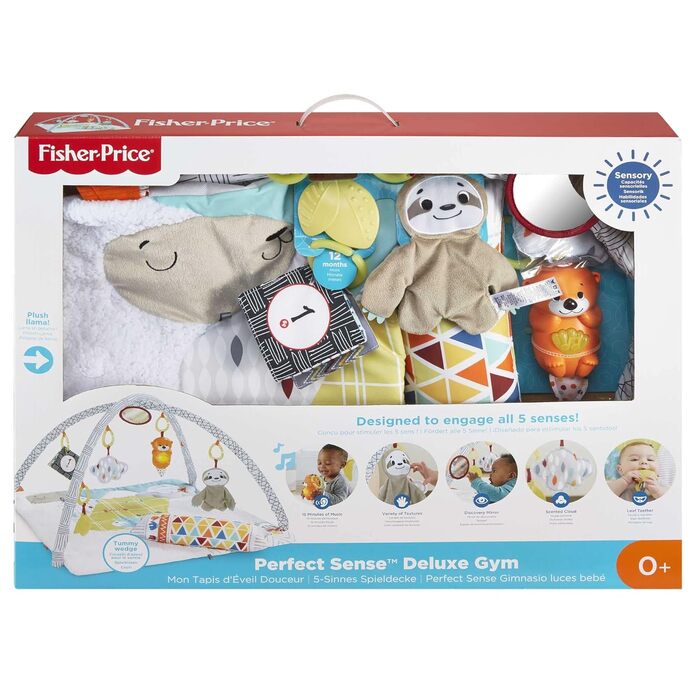 Чуттєва дитяча ігрова ковдра Fisher-Price HBB74-5, м'який ігровий килимок із сенсорними іграшками, шість знімних іграшок для активності, дитяче обладнання від народження (стандартна упаковка)