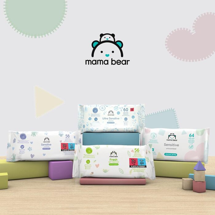 Бренд Storeo дитячі вологі серветки Mama Bear Sensitive Baby, без запаху, 1008 шт. (18 упаковок по 56) (64 шт. и (12 упаковок))