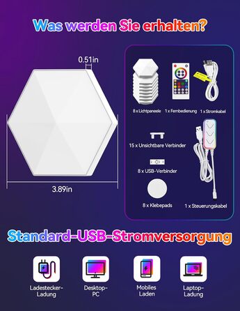 Настінний світильник з дистанційним керуванням, Music Sync, APP Control, Smart Hexagon Lamp for Room Decoration, Gaming, 8 шт., LED Hexagon Gaming Wall Light, RGB Hexagon Honeycomb