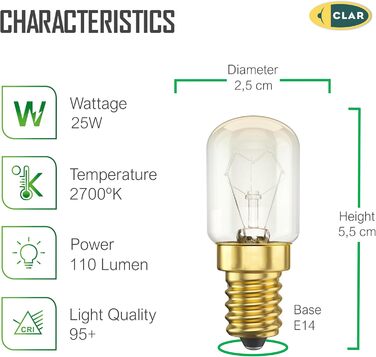 Лампа для духовки E14 25W 300 градусів, лампа для духовки E14, лампочка для духовки, лампочка для холодильника 25W 300 градусів, лампочка для мікрохвильової печі (Pack5)