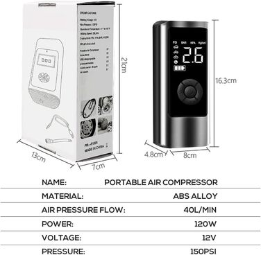Електричний повітряний насос Frunimall 120PSI, акумуляторний повітряний насос електричний з 6000 мАг, міні-компресор з цифровим РК-дисплеєм як ліхтарик для автомобіля, мотоцикла, велосипеда та м'ячів