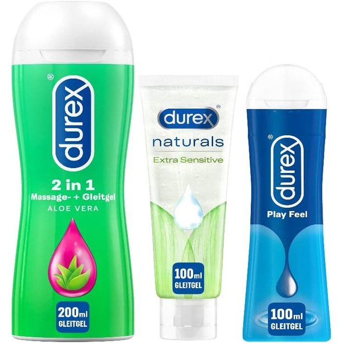 Набір пробних пакетів мастила з 3 шт. для нього та неї з 100 мл Durex Play Feel 100 мл Durex Naturals 200 мл Durex Play 2в1 Масаж та лубрикант Алое Вера