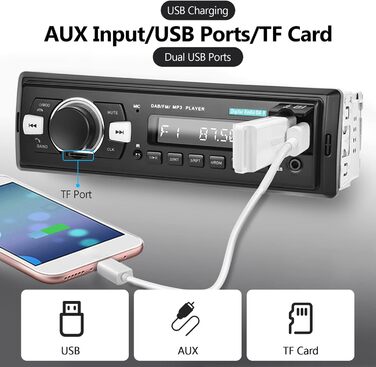 Автомобільна стереосистема Hodozzy DAB 1 Din з Bluetooth, MP3-плеєр з FM-радіо, підтримка автомобільної стереосистеми 1 Din BT Hands-free/еквалайзер/керування на кермі/USB/зарядка/TF/AUX-вхід, цифровий медіа-ресивер